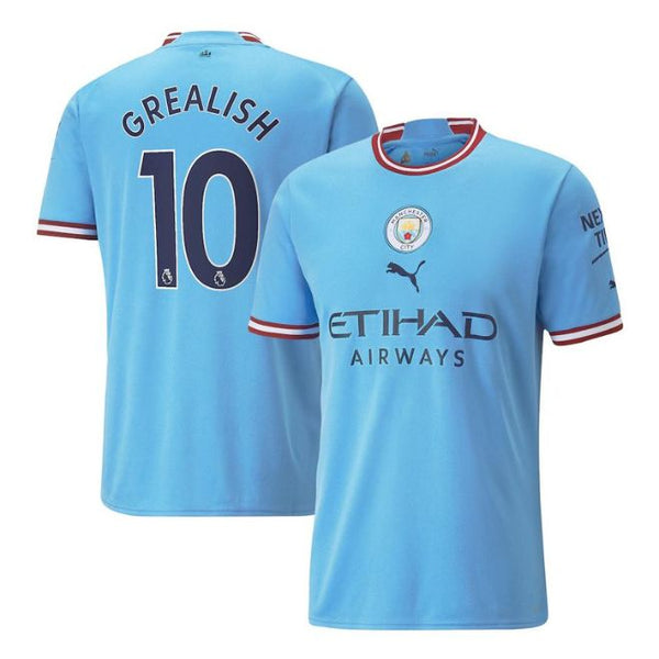 Jack Grealish Manchester City Puma jersey in sky blue with number 10 and Etihad Airways logo