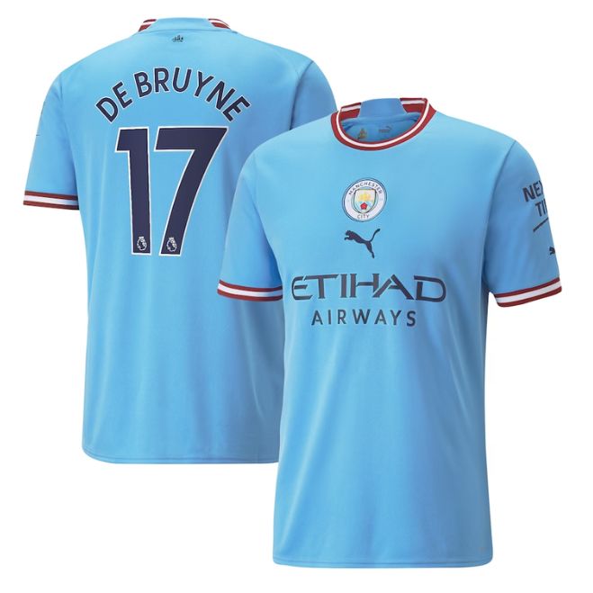 Kevin De Bruyne Man City Puma jersey 2023 in light blue with number 17 and club logos