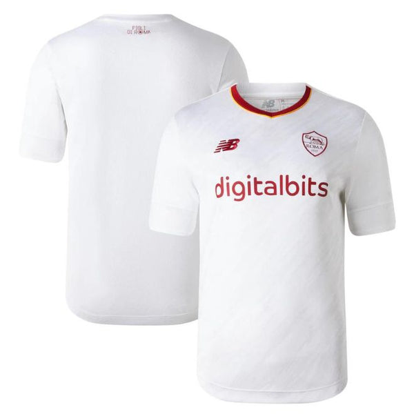 White AS Roma away jersey 2022 23 with red accents and digitalbits sponsor logo