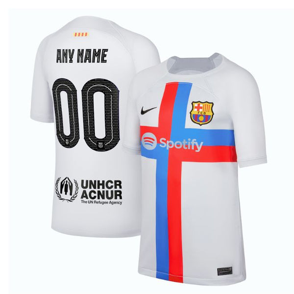 Barcelona 2022 23 third jersey in white with red and blue cross design from Jerseyteamsworld