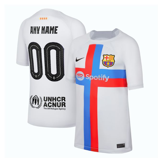 Barcelona 2022 23 third jersey in white with red and blue cross design from Jerseyteamsworld