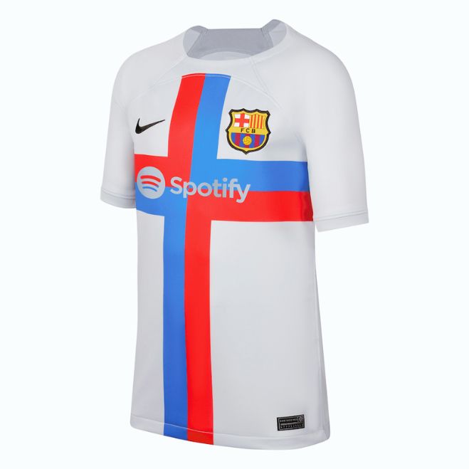 Barcelona 2022 23 third jersey by Jerseyteamsworld in white with red and blue cross design