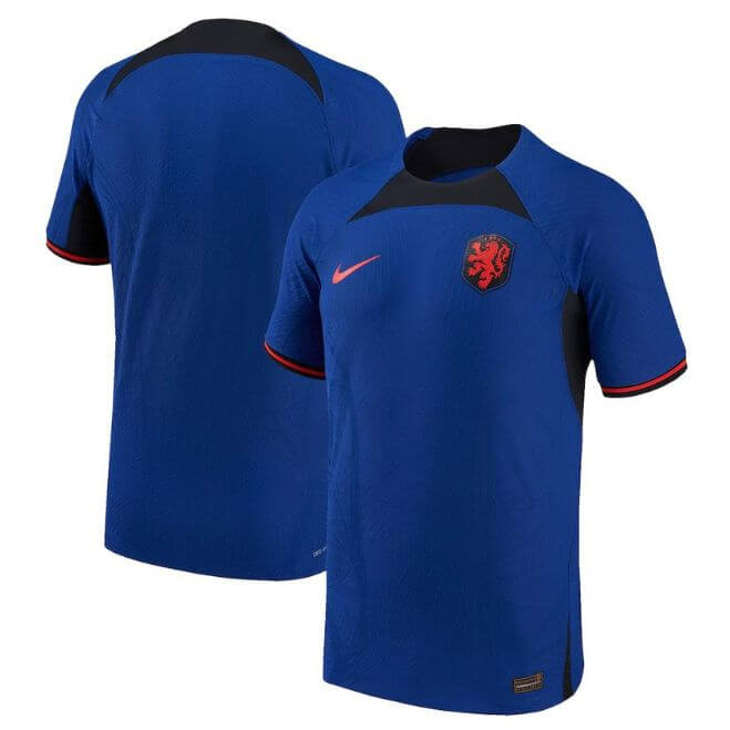 Netherlands away Nike jersey 2023 in blue with black and red accents by Jerseyteamsworld