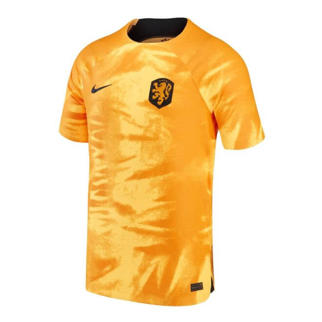 Netherlands national team Nike jersey 2023 in bright orange with black lion crest and Nike logo