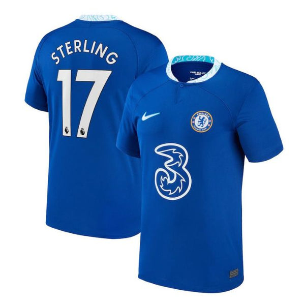 Raheem Sterling Chelsea jersey 2022 23 blue soccer shirt with number 17 and club logo