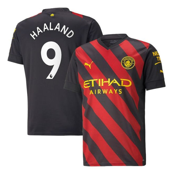 Erling Haaland Manchester City Puma jersey in black and red with yellow Etihad Airways logo and Haaland number 9 on the back