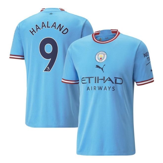 Erling Haaland Manchester City Puma jersey with number 9 in light blue soccer shirt