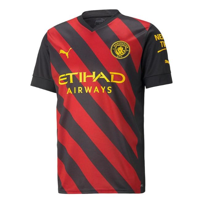 Erling Haaland Manchester City Puma jersey red and black stripes with yellow logos and Etihad Airways sponsorship