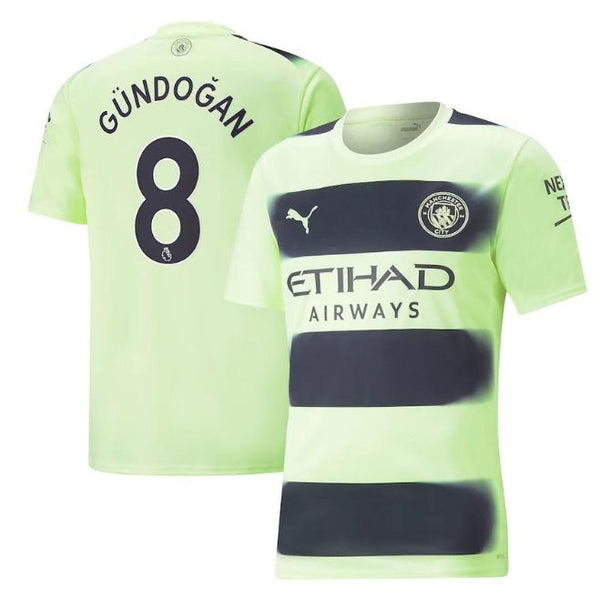 Ilkay Gundogan Manchester City jersey with number 8 in light green and dark blue horizontal stripes
