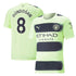 Ilkay Gundogan Manchester City jersey with number 8 in light green and dark blue horizontal stripes