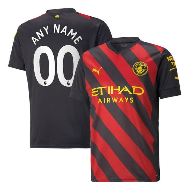 Manchester City 2022 23 away jersey in black and red diagonal stripes with custom name and number option