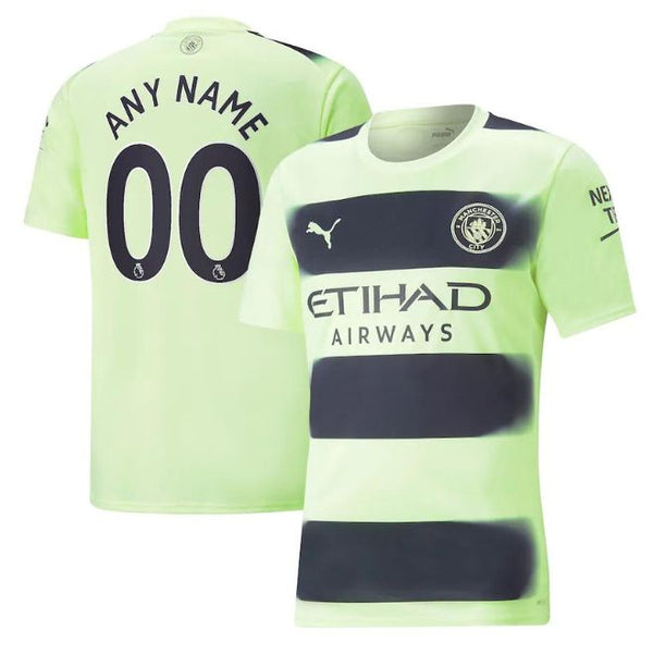 Manchester City customized jersey in light green with black stripes and personalized name and number
