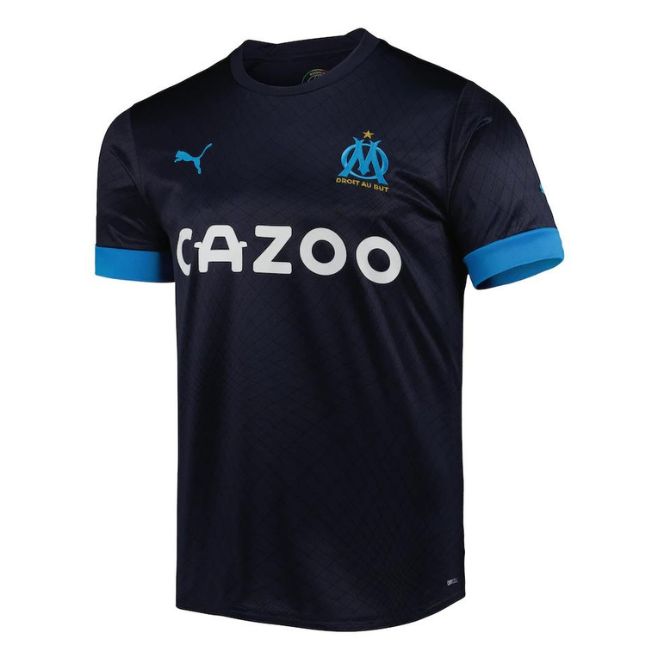 Olympique Marseille 2022 Away Puma Jersey in dark blue with light blue accents and Cazoo sponsor logo