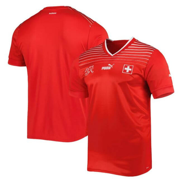 Switzerland 2022 2023 home Puma jersey in red with white stripes and Swiss cross emblem