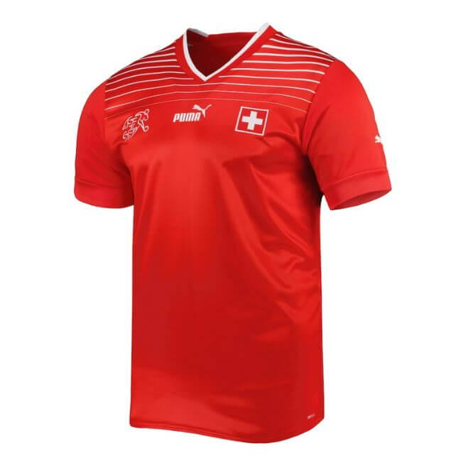 Switzerland 2022 2023 home Puma jersey in red with white stripes and Swiss flag by Jerseyteamsworld