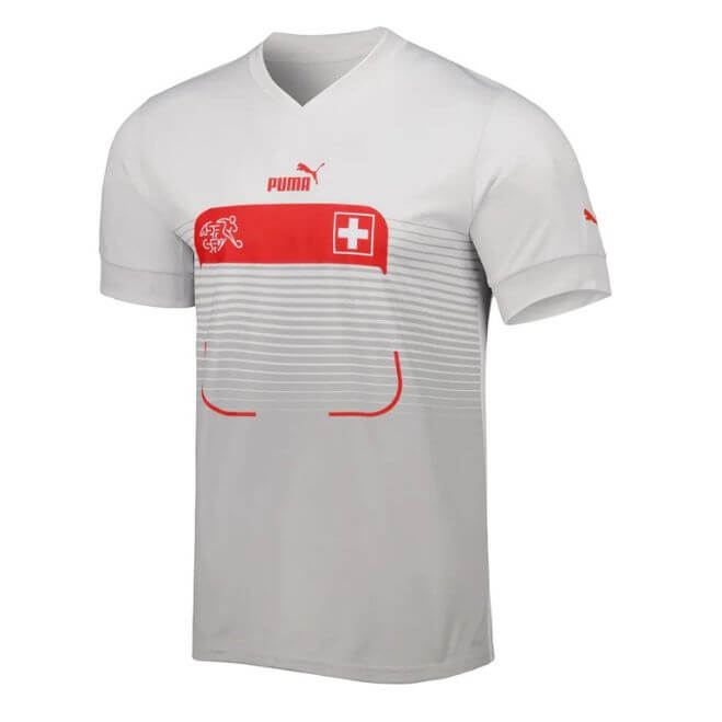 Switzerland away Puma jersey 2023 in white with red and gray design by Jerseyteamsworld